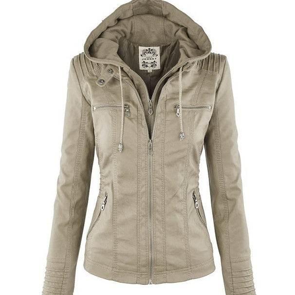 Women’s Zipper Leather Jacket with Detachable Lapel Coat - ZA-Zola