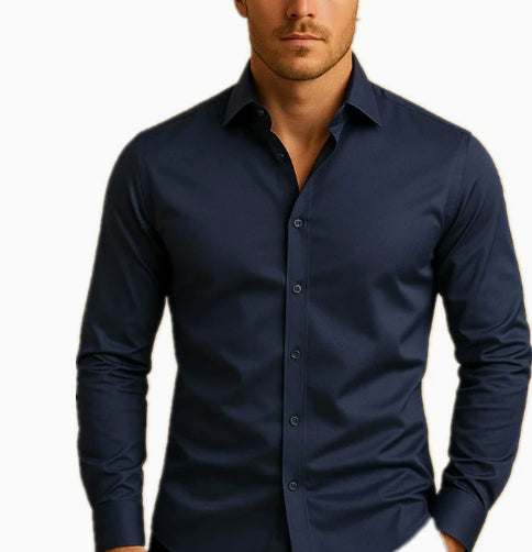 Navy blue dress shirt on a white background