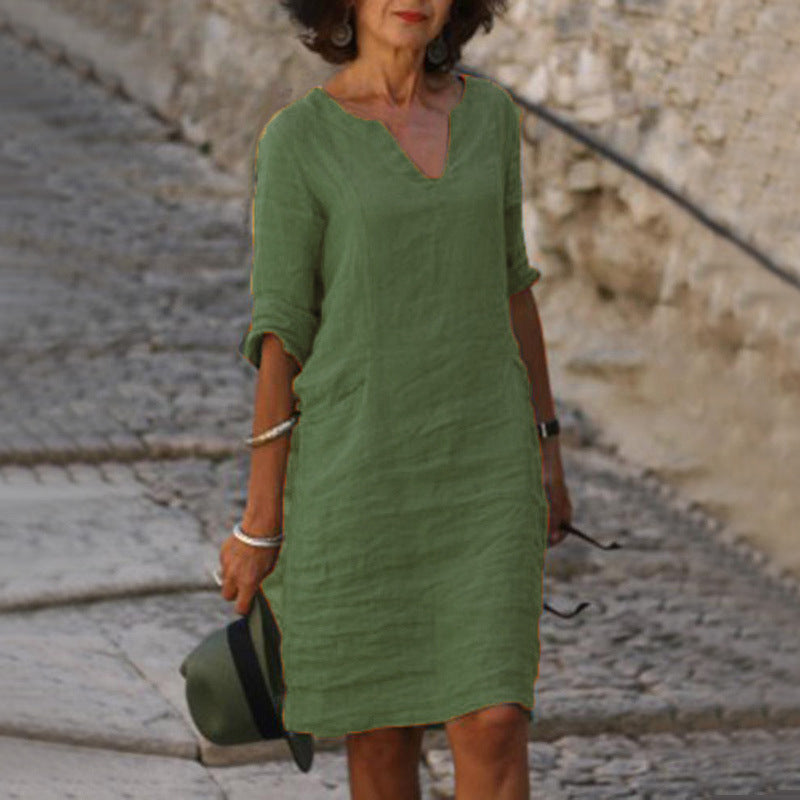 Cotton Linen V-Neck High Waist Retro Summer Dress – A-Line Solid Colour Mid-Length