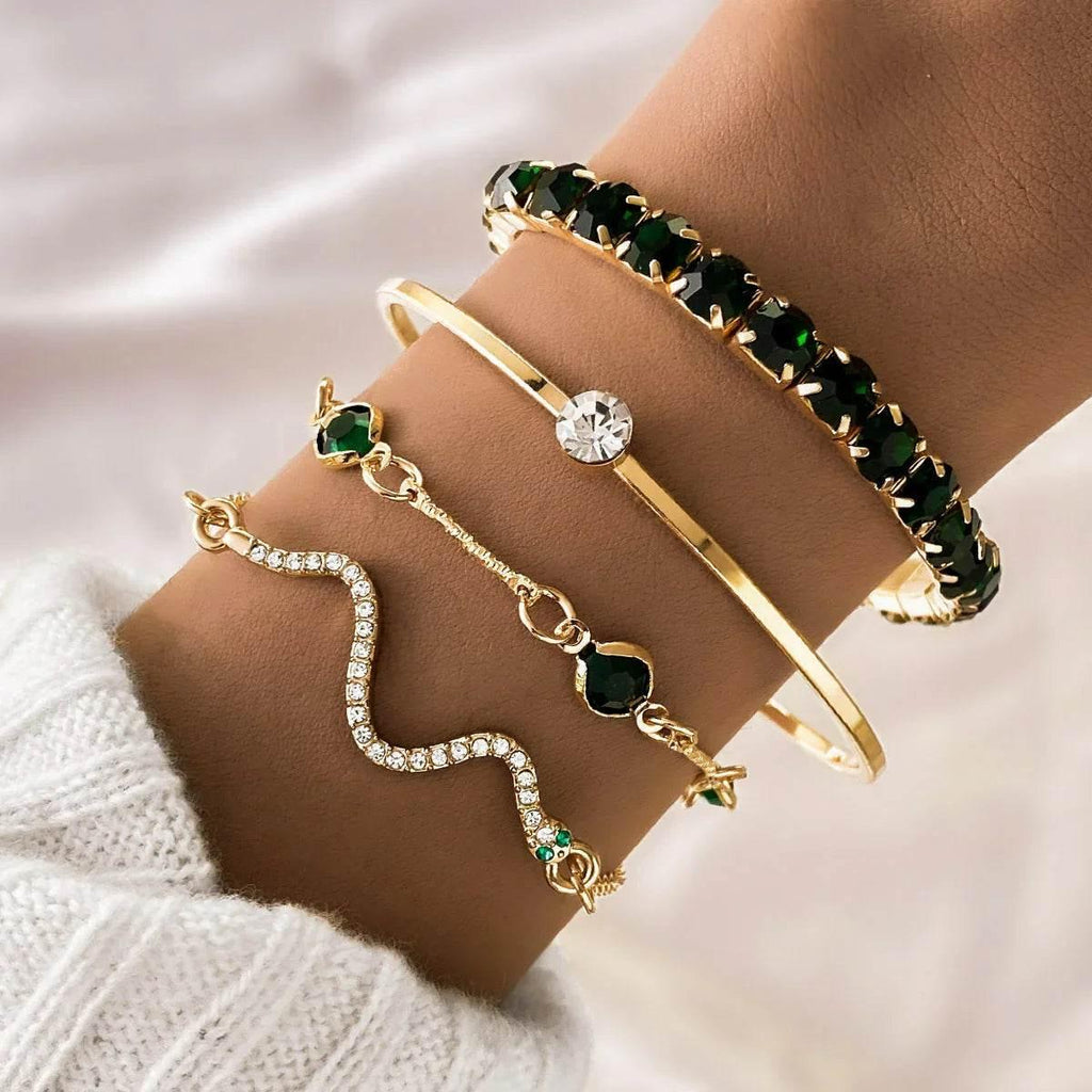 Green Diamond Stretch Bracelet Set | 4-Piece Elegant Jewelry - ZA-Zola