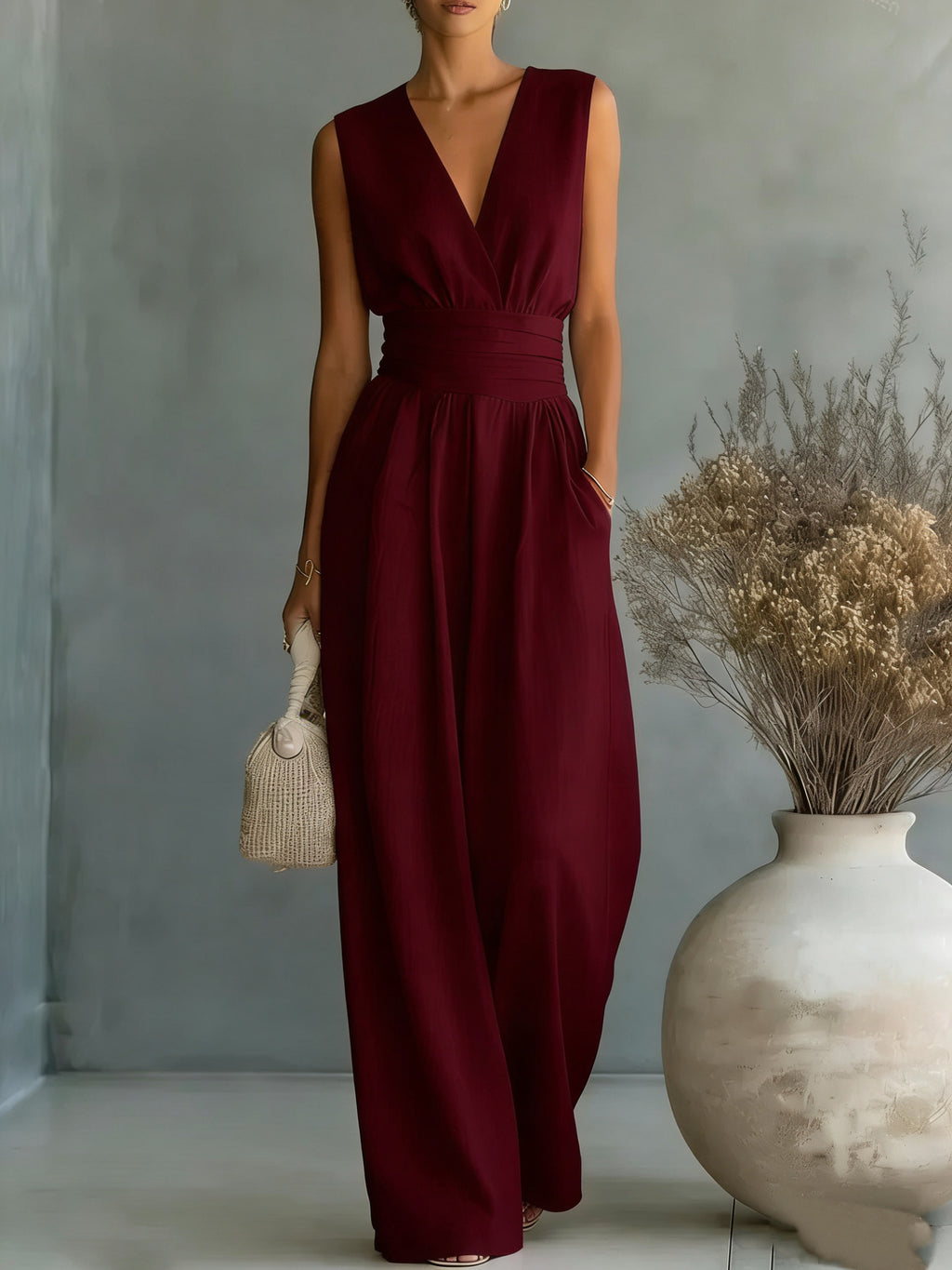 Woman wearing a burgundy dress holding a beige handbag against a neutral background.