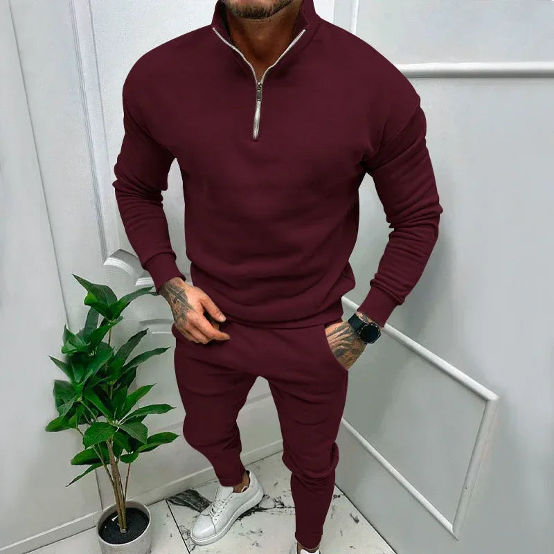 Men’s Casual Fleece Suit – Solid Color Top & Trousers - ZA-Zola