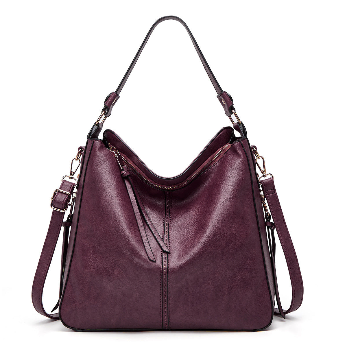 Purple handbag with multiple straps on a white background