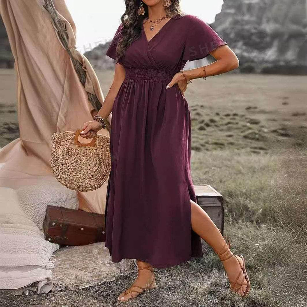 Elegant V-Neck Bell Sleeve Long Slit Dress - ZA-Zola