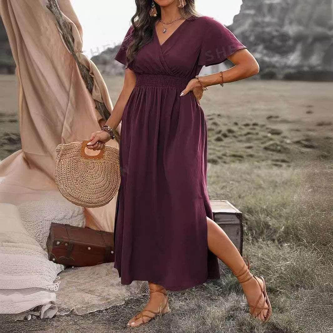 Elegant V-Neck Bell Sleeve Long Slit Dress - ZA-Zola