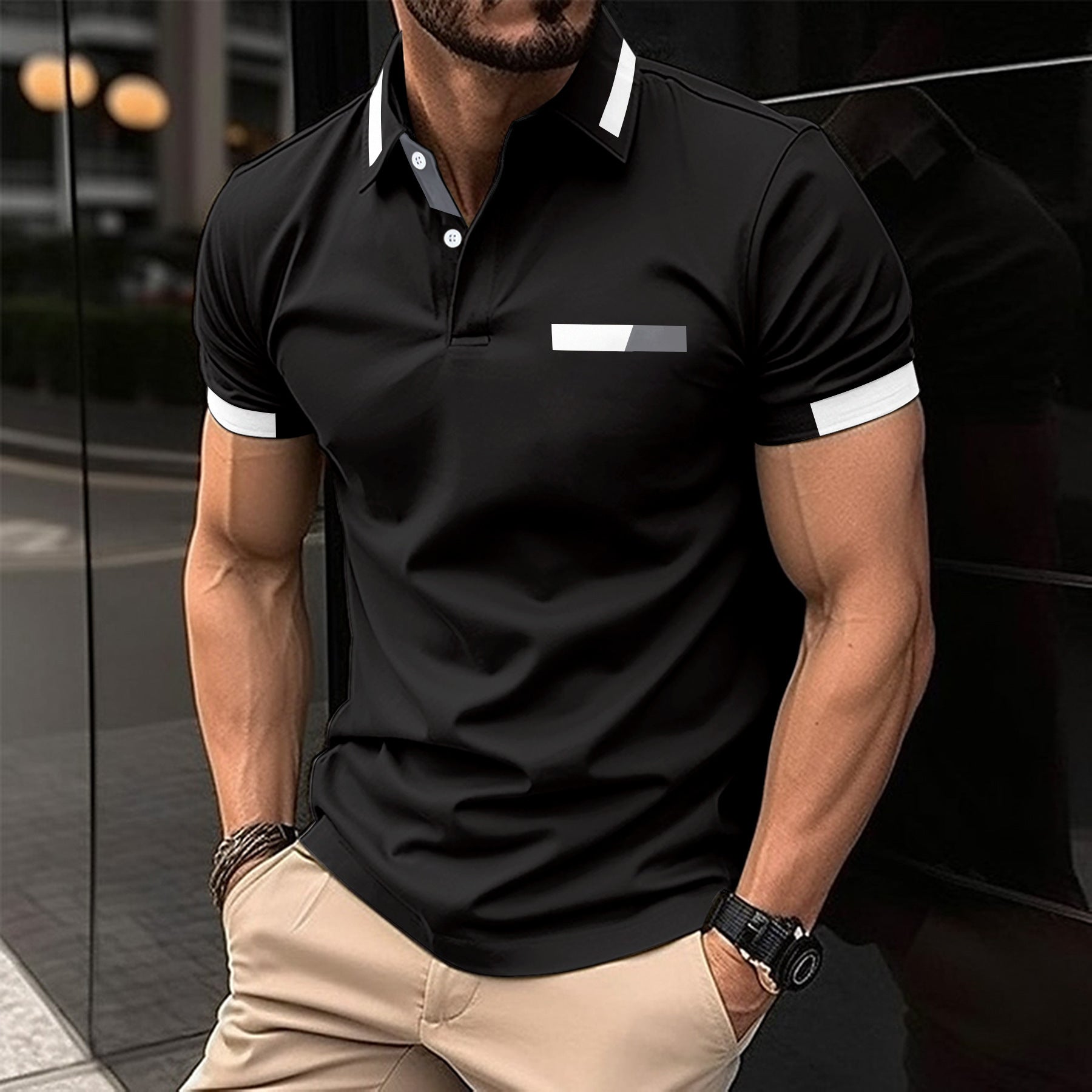 Men’s Casual Striped Lapel Business Polo Shirt with Faux Pocket