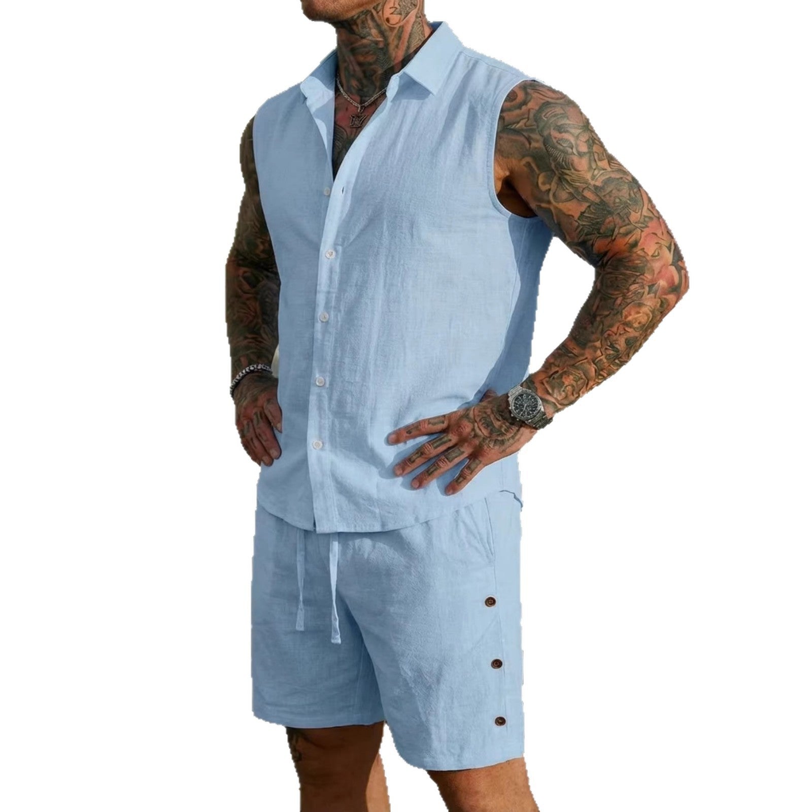 Man wearing a light blue sleeveless shirt and shorts set on a white background