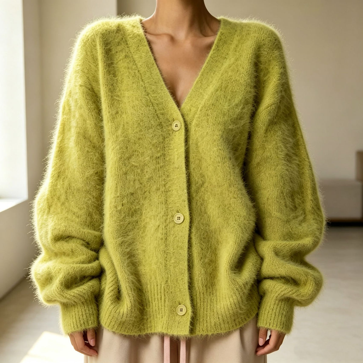 A person wearing a fuzzy, oversized V-neck cardigan in a soft yellow-green color, paired with light beige bottoms, in a bright indoor setting.