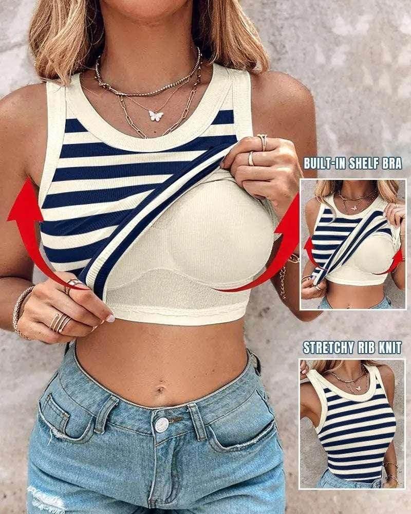 Slim Striped Cotton Vest with Built-in Bralette - ZA-Zola