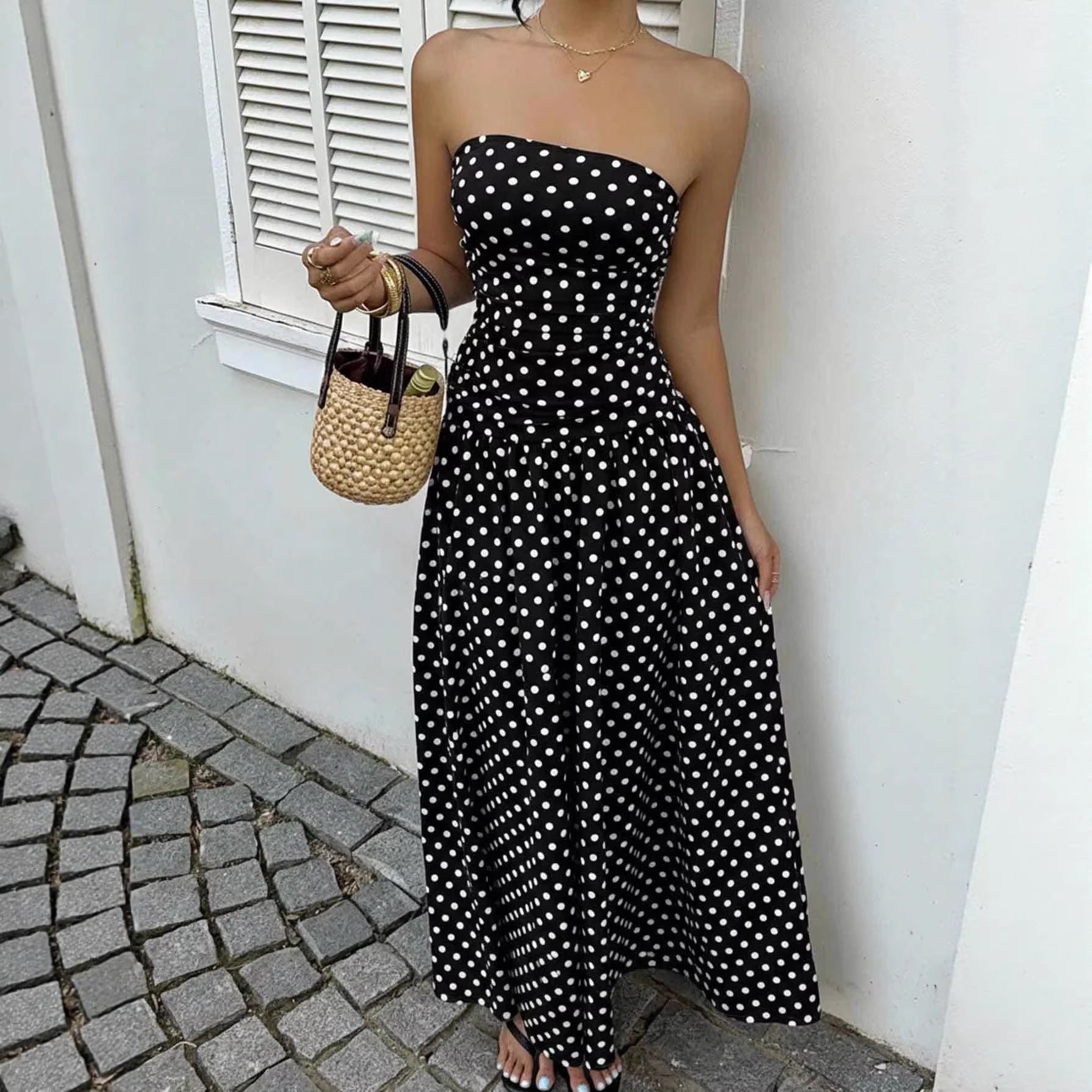 Elegant Polka Dot Off Shoulder Dress – Strapless High Waist Party Outfit