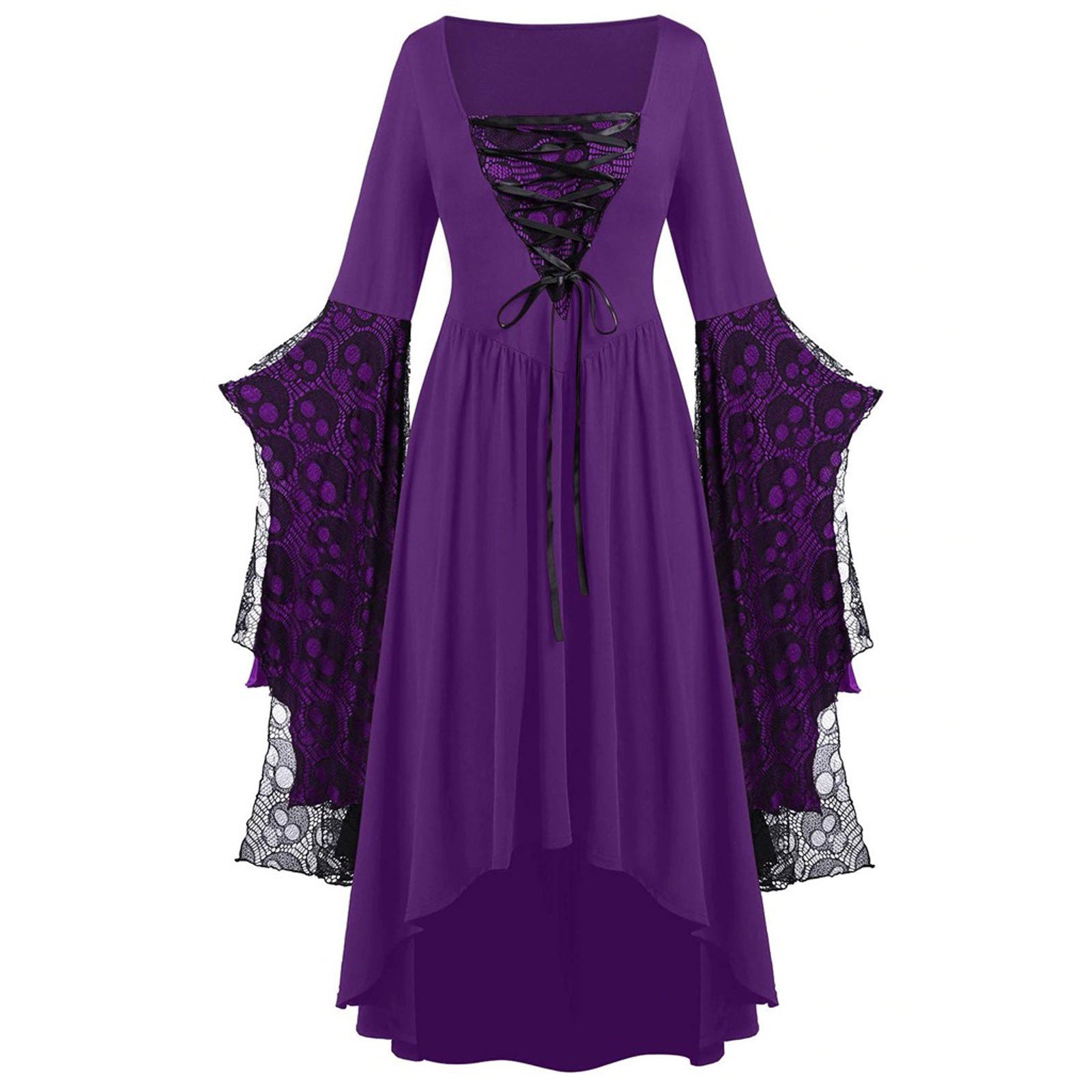 Purple dress with black lace detailing on a white background