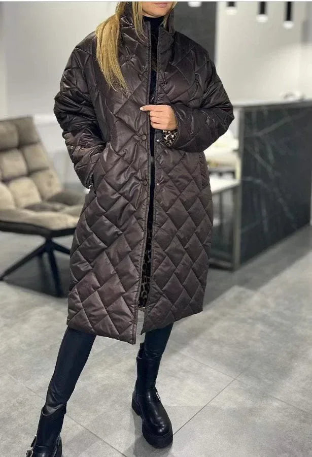 Women Rhombus Stitching Coat – Warm Long Jacket with Lapel & Pockets - ZA-Zola