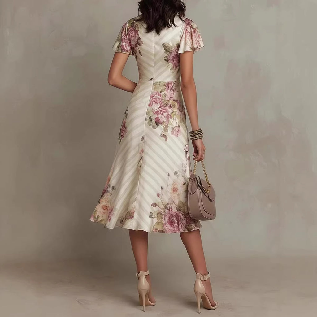 Women's Printed V-Neck Defined Waist Ruffled Hem Maxi Dress
