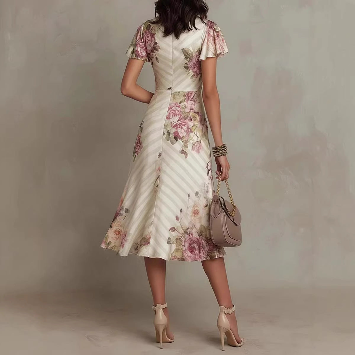 Women's Printed V-Neck Defined Waist Ruffled Hem Maxi Dress