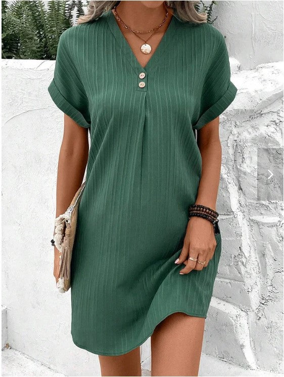 Women's V-Neck Button Strip Short Sleeve Casual Dress