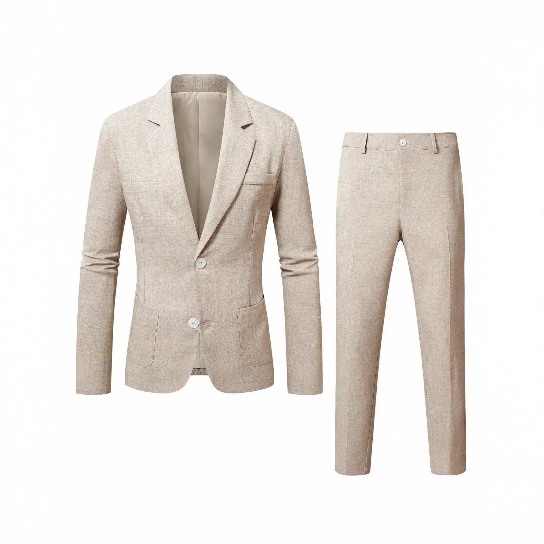 Beige suit jacket and pants on a white background