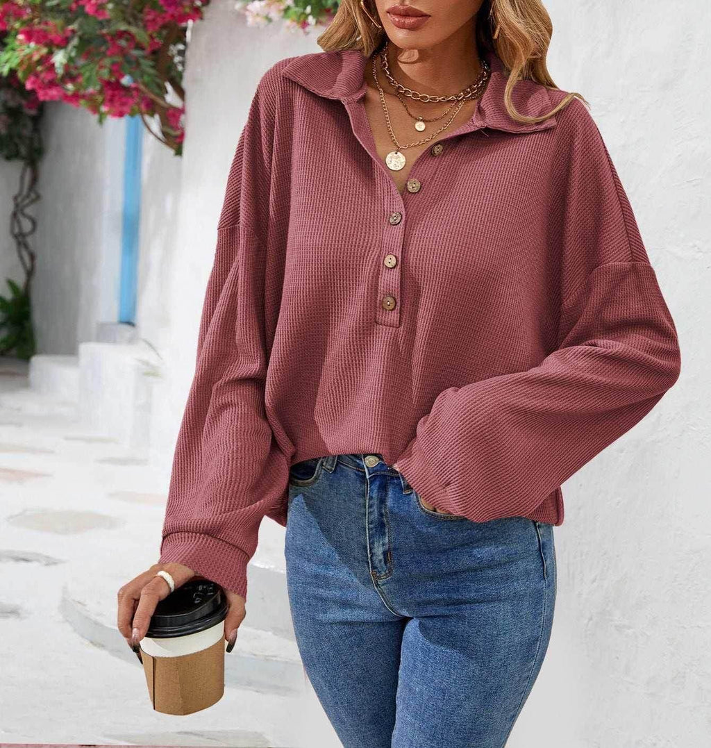 Lapel Button Sweatshirt – Casual Pullover Top - ZA-Zola