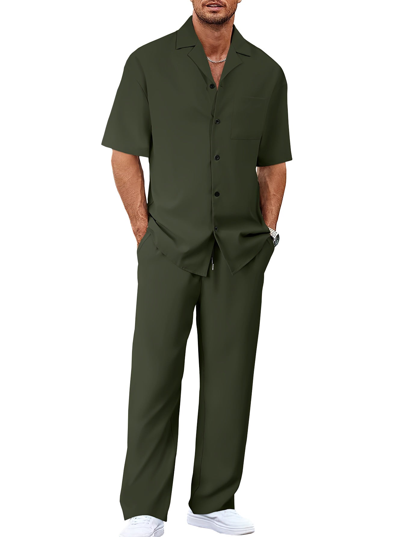 Man wearing an olive green shirt and pants on a white background