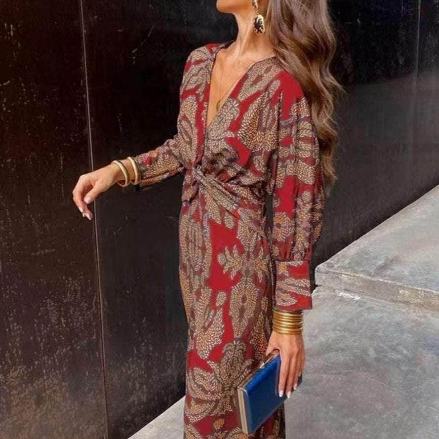 V-Neck Geometric Print Long Dress with Sleeves - ZA-Zola