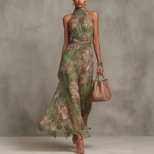 Woman wearing a green floral dress holding a beige handbag against a gray background