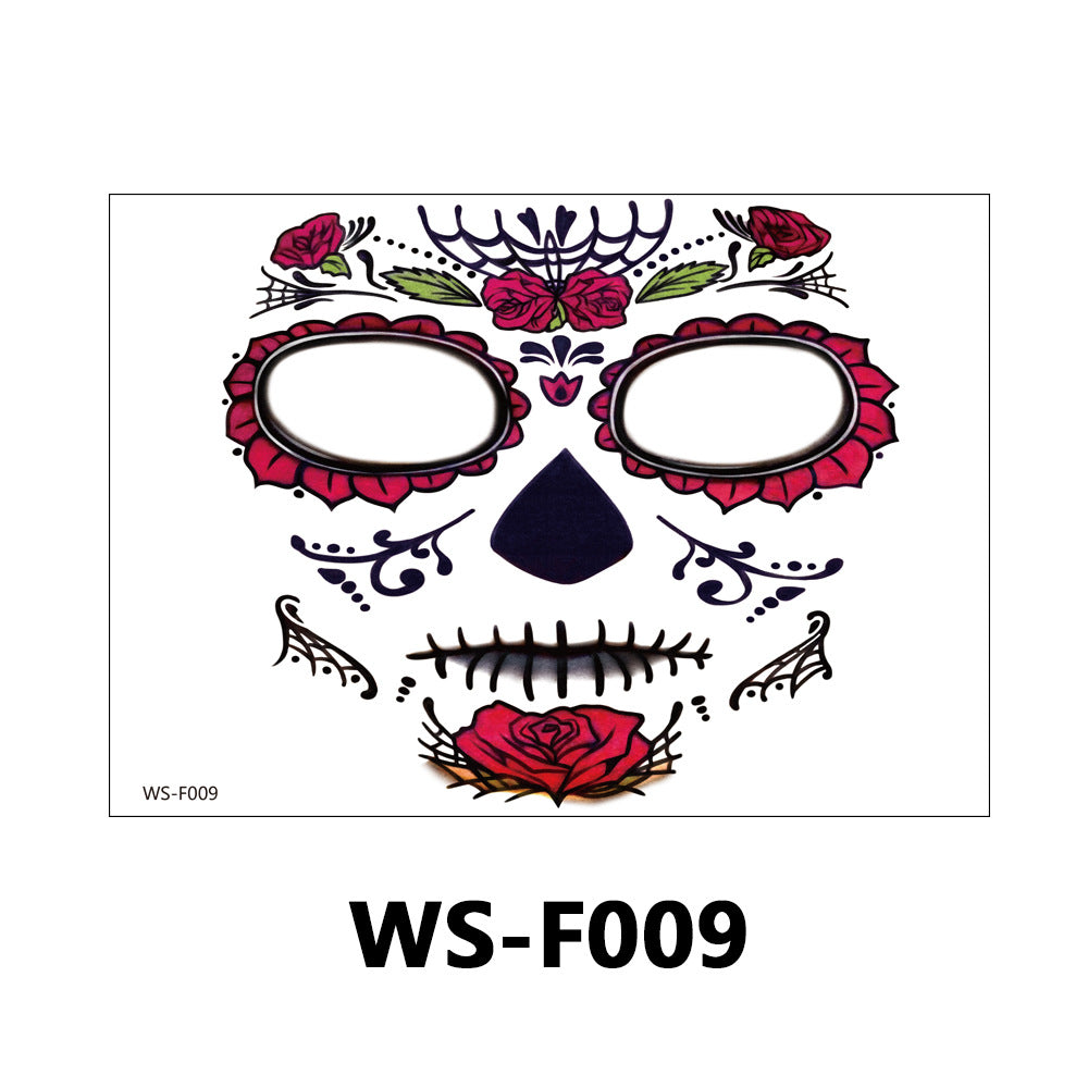 A sugar skull mask template or temporary tattoo design on a white background, featuring red roses, black and purple decorative details, and the text WS-F009 below.