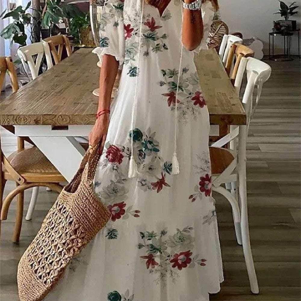 Floral V-Neck Long Dress – Elegant & Flowy Fit - ZA-Zola