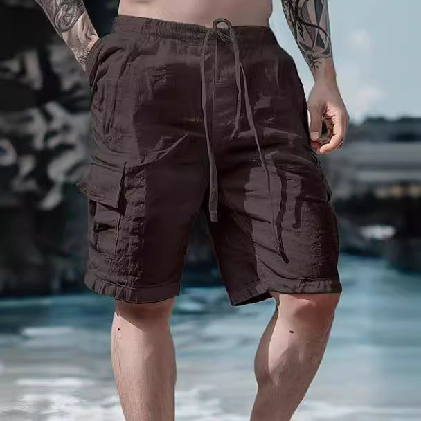 Person wearing brown shorts with a blurred background