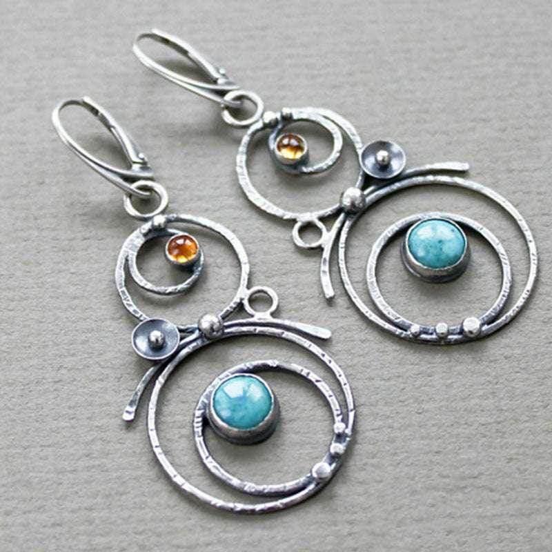Handmade Blue Stone Round Hollow Earrings - ZA-Zola