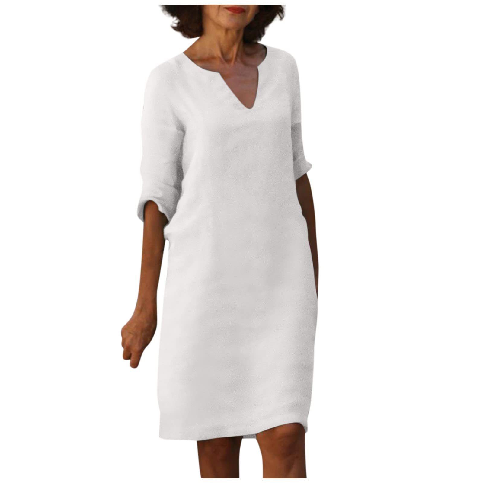 Cotton Linen V-Neck High Waist Retro Summer Dress – A-Line Solid Colour Mid-Length