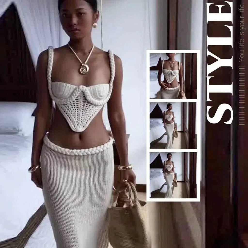Y2K Crochet Knit 2pc Set – Low Waist Maxi Skirt - ZA-Zola