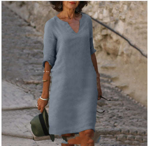 Cotton Linen V-Neck High Waist Retro Summer Dress – A-Line Solid Colour Mid-Length