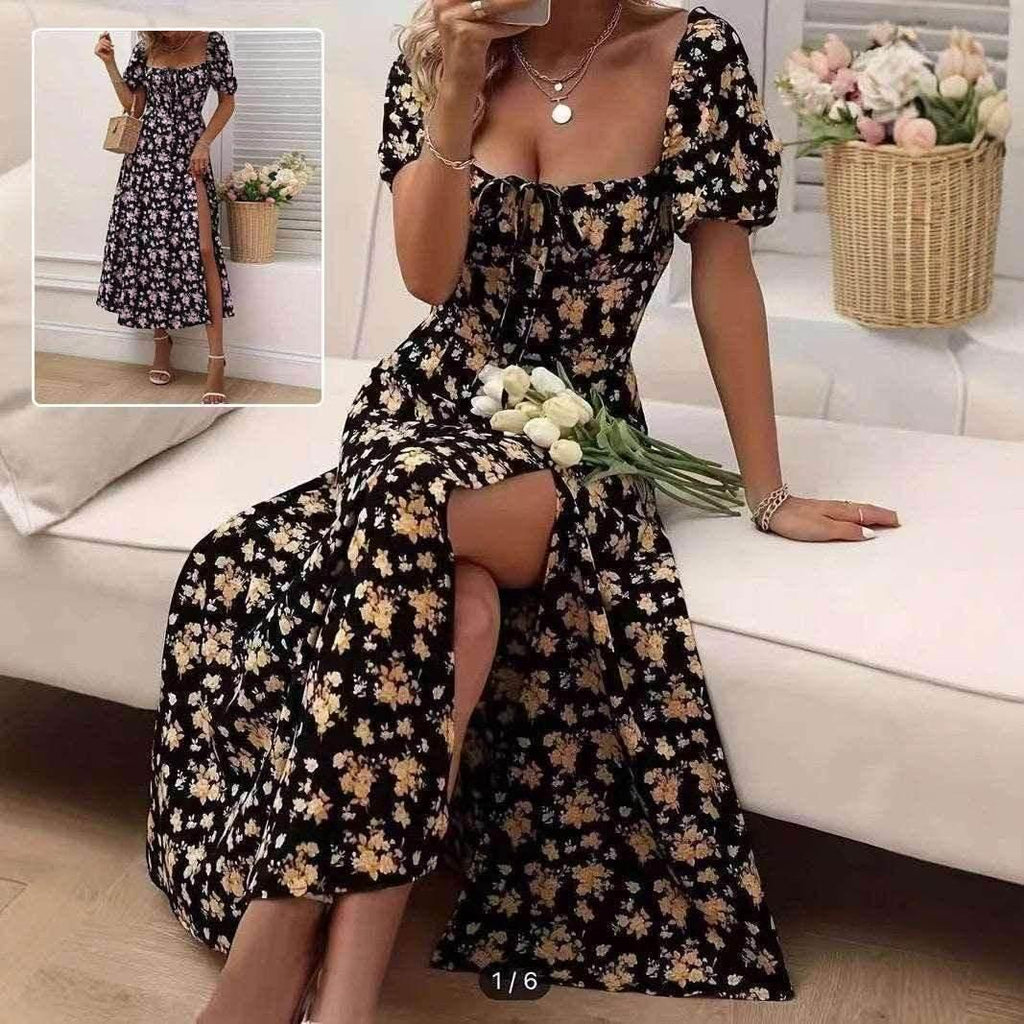 Floral Split Maxi Dress with Lace-Up Waist - ZA-Zola