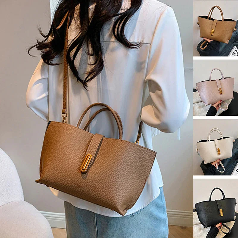 Woman holding a brown handbag with additional images of different handbags.