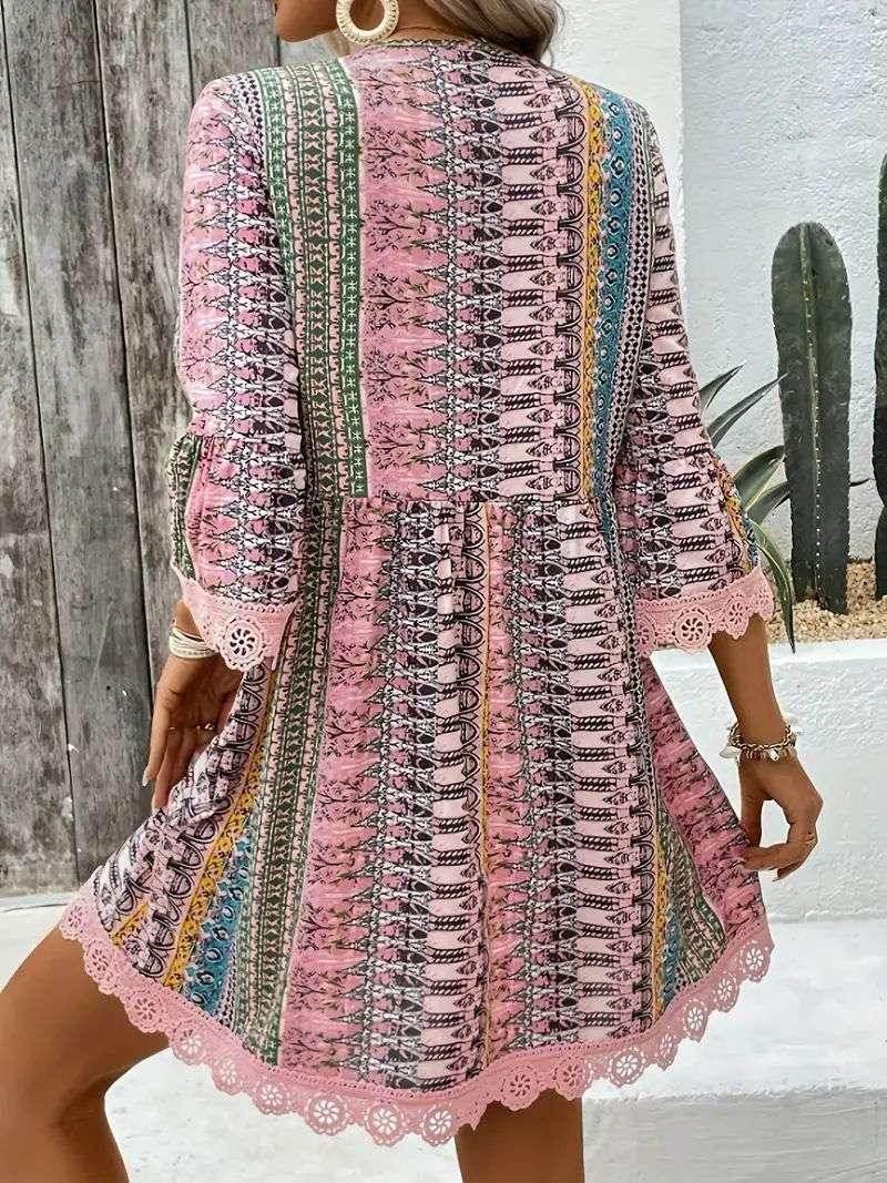 Boho V-Neck Loose Printed Beach Dress for Women - ZA-Zola