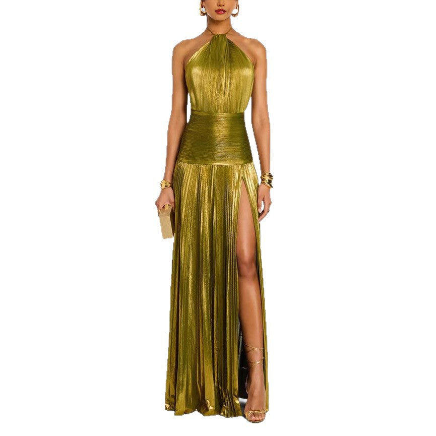 Gold metallic halter neck gown with a slit on a white background