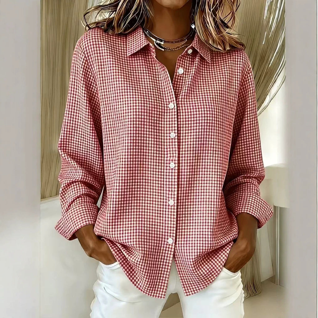 Lapel Collar Long Sleeve Plaid Shirt | Cotton Linen