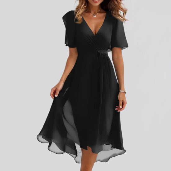 Chiffon Printed Short Sleeve V-Neck Summer Dress Elegant Women’s Midi Dress
