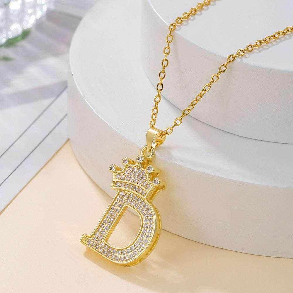 Gold Crown Initial Pendant Necklace for Daily Wear - ZA-Zola
