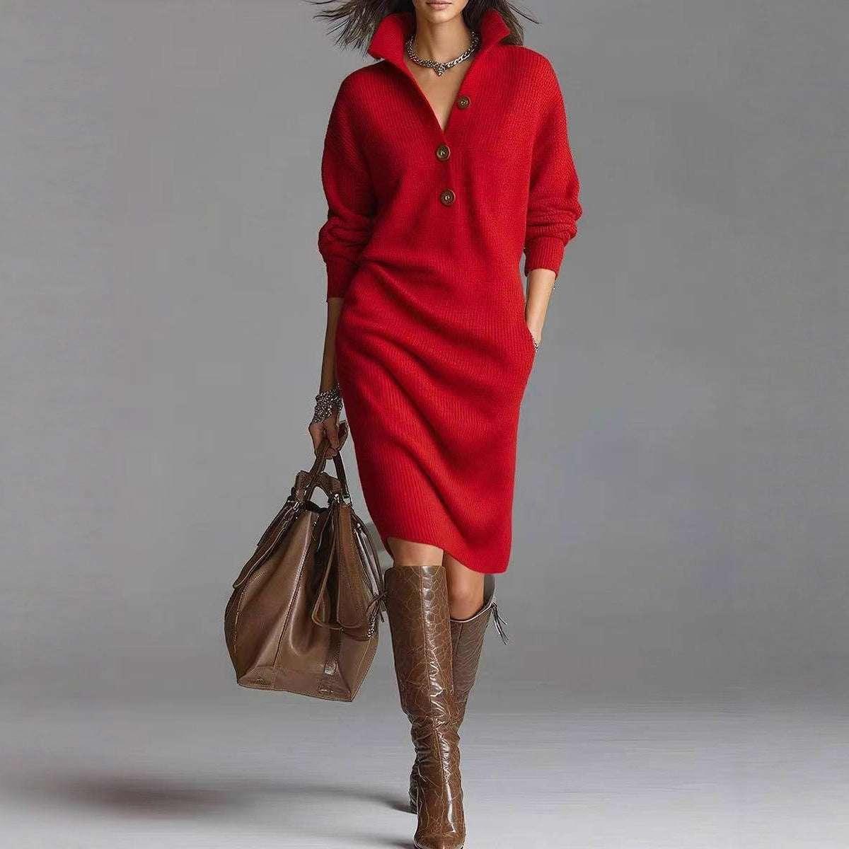 Winter Sweater Dress Women – Warm Long-Sleeve V-Neck Pullover - ZA-Zola