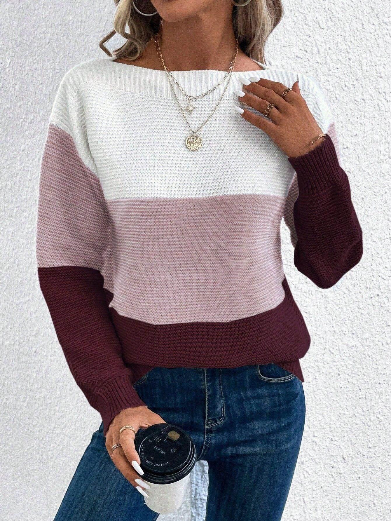 ZA-Zola Women's Round Neck Splicing Knit Sweater - ZA-Zola