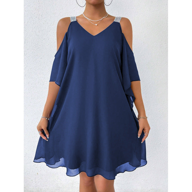 Solid Color V Neck Elegant European And American Style Dress for Women
