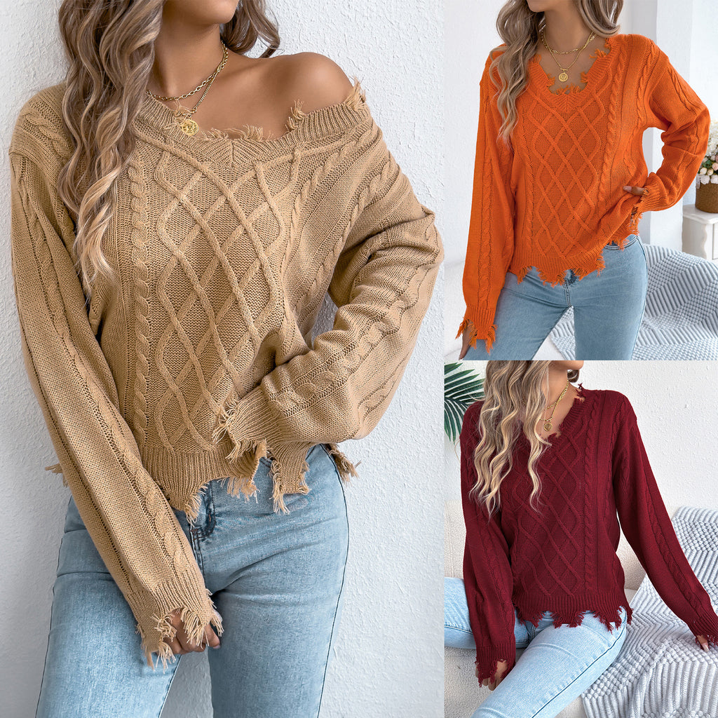 V-Neck Cable Knit Sweater for Women | Long Sleeve