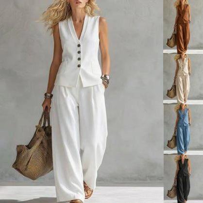 V Neck Sleeveless Linen Pants Set | Summer