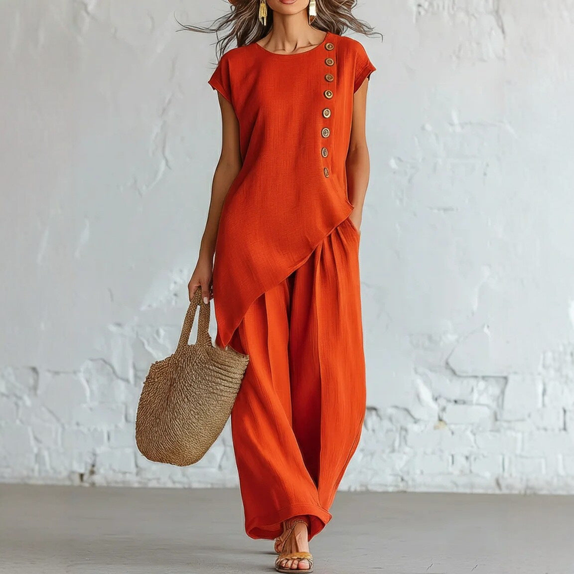 Woman wearing an orange dress with a white brick wall background