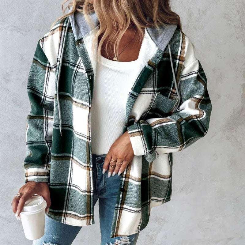 Plaid Hooded Jacket Women Button Pocket Coat - ZA-Zola