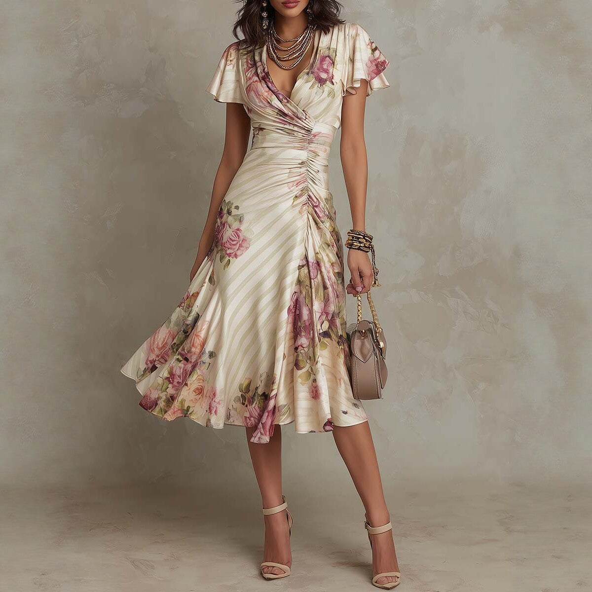 Women's Printed V-Neck Defined Waist Ruffled Hem Maxi Dress
