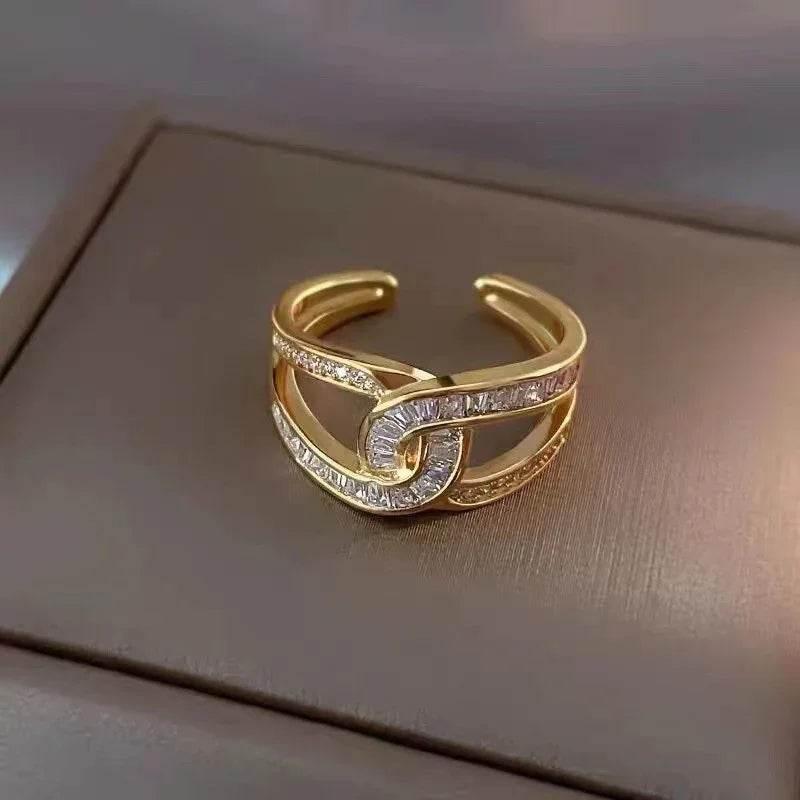 Double C Gold Open Ring with Sparkling Zircon - ZA-Zola