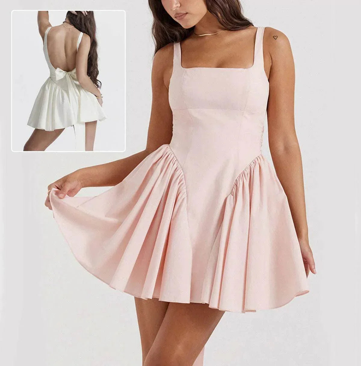 Square Neck Sleeveless Backless Bow Mini Dress – Summer Elegance - ZA-Zola