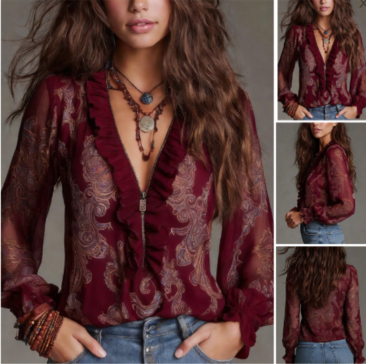 Woman wearing a burgundy patterned blouse with ruffled details, surrounded by smaller images of the same outfit.