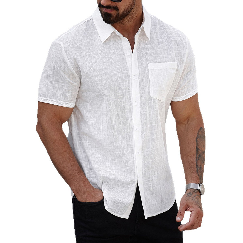 Man wearing a white short-sleeve linen shirt on a white background